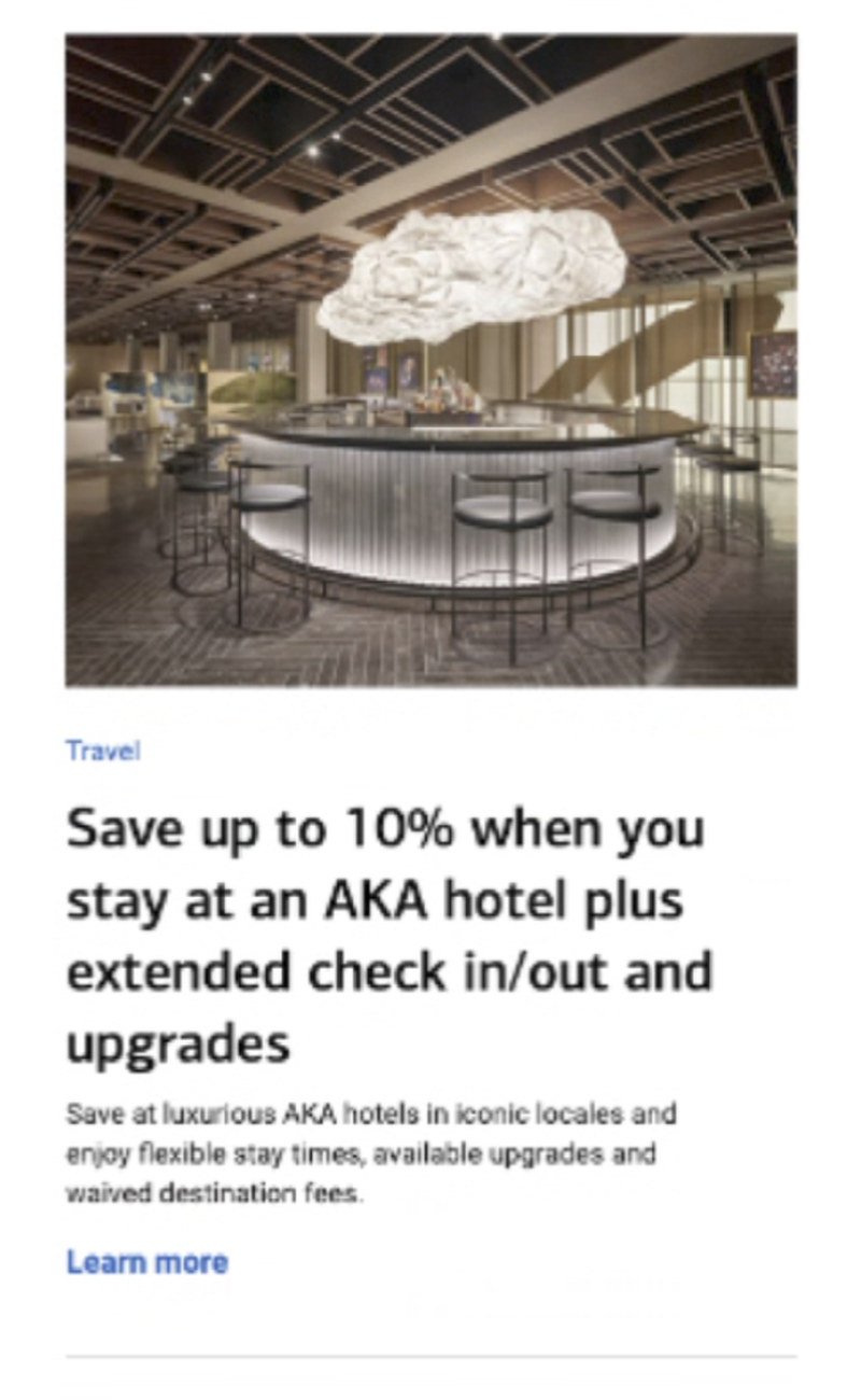 Before &mdash; offer card with a blue category eyebrow, a Learn more text link and a divider rule