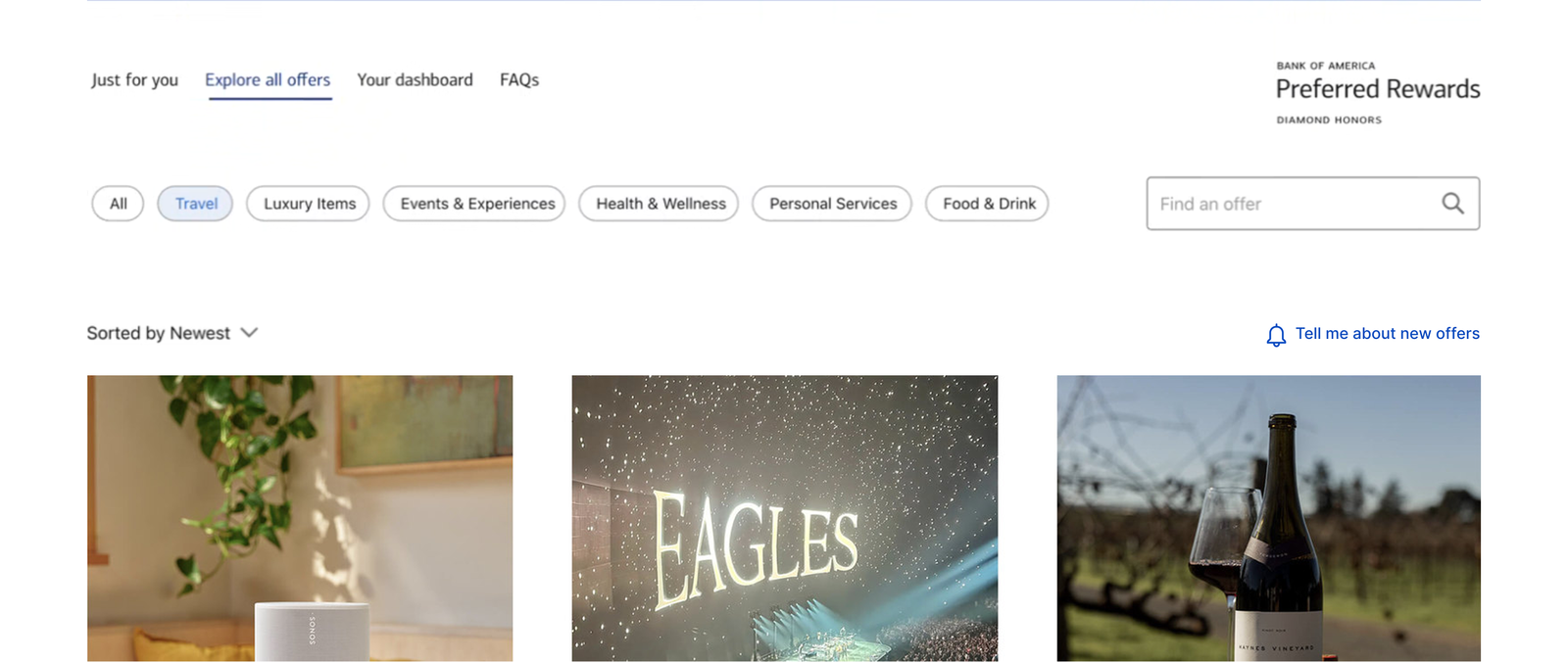 Before &mdash; Explore all offers with category pills and a sort dropdown