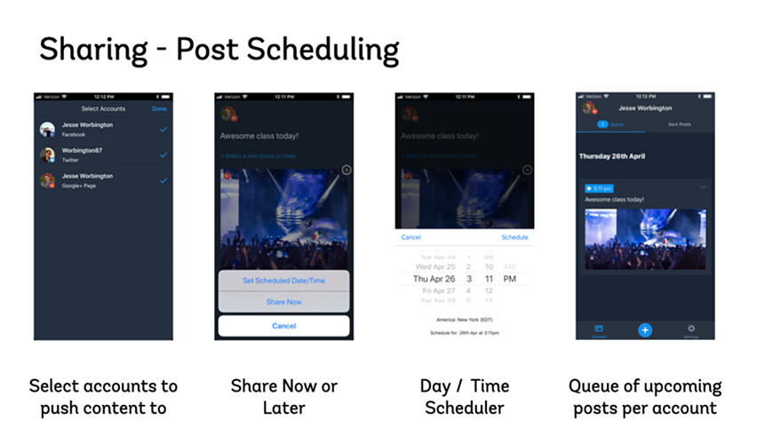 Buffer — Sharing / Post Scheduling (select accounts, share now or later, day/time scheduler, upcoming post queue)