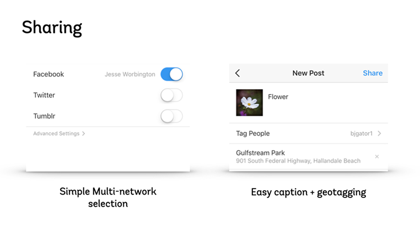 Instagram — Sharing (simple multi-network selection, easy caption + geotagging)