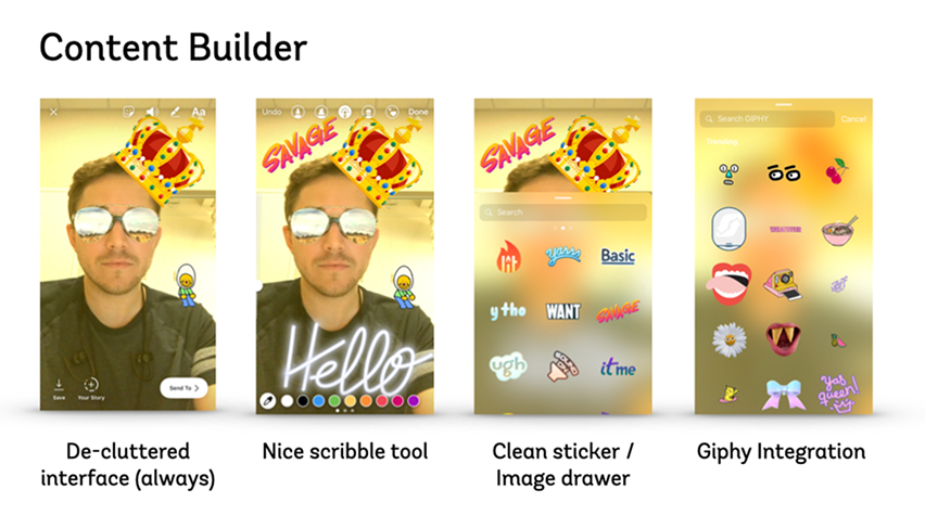 Instagram — Content Builder (De-cluttered interface, scribble tool, sticker drawer, Giphy integration)