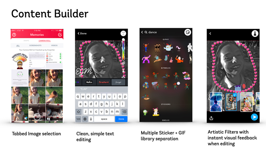 Snapchat — Content Builder (Tabbed image selection, clean text editing, multiple sticker + GIF library, artistic filters)