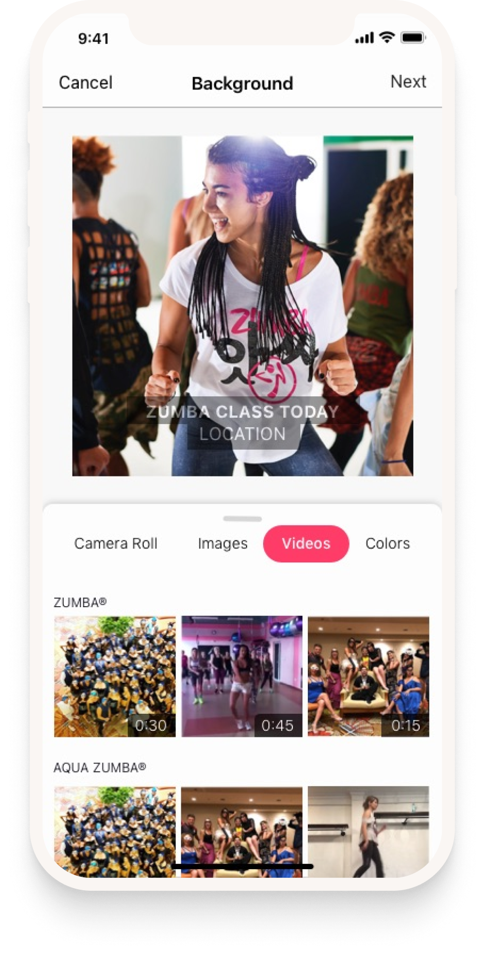 Background selector, video — screen 1