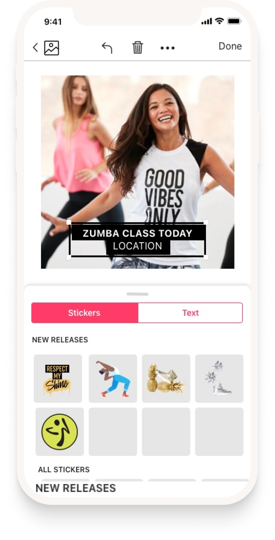 Text editor and stickers — screen 1